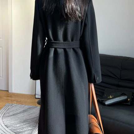 High-end White Thick Double-sided Wool Cashmere Coat Long Women Fashion Casual Loose Lapel Lace-up Woolen Jacket Autumn Winter