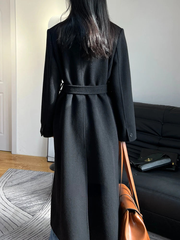 High-end White Thick Double-sided Wool Cashmere Coat Long Women Fashion Casual Loose Lapel Lace-up Woolen Jacket Autumn Winter