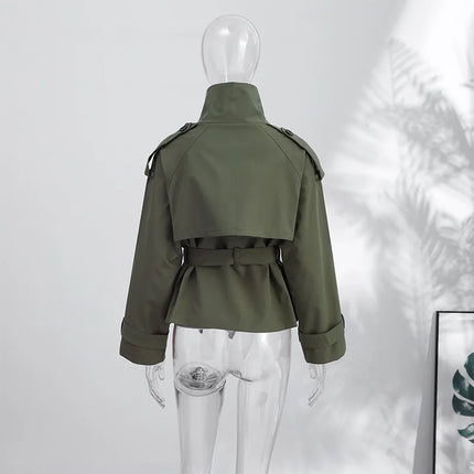 2026 Spring Women's Solid Lace Up Trench Coat Stand Collar Double Breasted Jacket Stylish New Lady Long Sleeve Outerwear Street