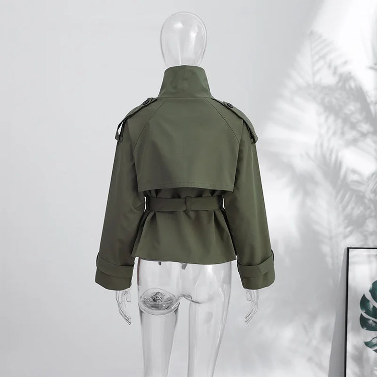 2026 Spring Women's Solid Lace Up Trench Coat Stand Collar Double Breasted Jacket Stylish New Lady Long Sleeve Outerwear Street