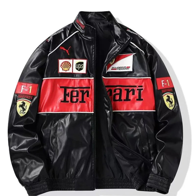 Giacca calda Ferrari F1 da uomo, look retrò motociclistico.