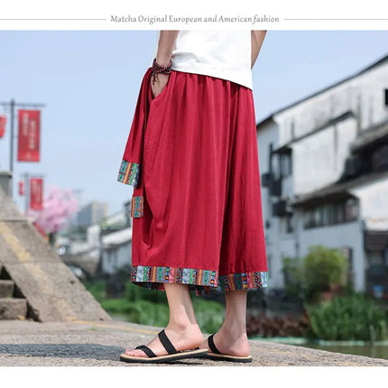 Pantaloncini kimono giapponese Costume da samurai in lino da uomo Ukiyo-e Cintura con stampa Pantaloni a gamba larga Retro Haori Pantaloni casual larghi Harajuku da uomo