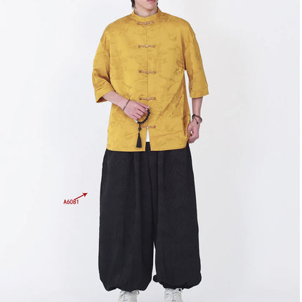 Camicie Estive da Uomo di Lusso in Jacquard Traspirante a Maniche Corte, Stile Cinese Tradizionale Kung Fu Tai Chi, Camicia Casual da Uomo