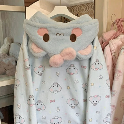 Autumn Winter Japanese Kawaii Harajuku Womens Coat Thicken Blue Sweet Cute Loose Hoodies Design Coral Fleece Korean Sweatshirts