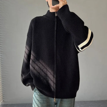 Luxury Jersey Cardigan Men's Casual Sports Coat Solid Color Stand Collar Sweater Coat Autumn Winter Fleece Warm Zipper Cardigans