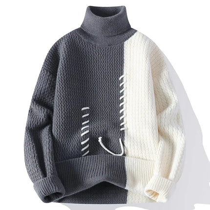 Autumn Winter Men's Knitted Turtleneck Sweater Fashion Patchwork Casual Knit Pullovers Men Loose Warm Pull Sweaters Streetwear