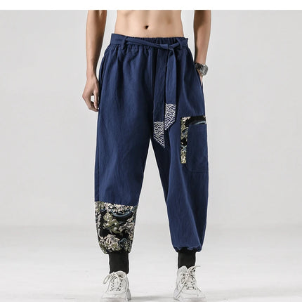 Pantaloni da uomo Costume da samurai giapponese Ukiyo-e Cintura con stampa Pantaloni stile harem da uomo in cotone e lino Pantaloni casual Harajuku da uomo Taglie forti 5XL