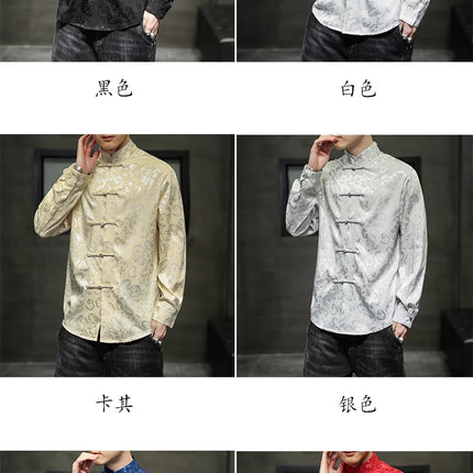 Giacca Tang di alta qualità da uomo camicetta con colletto alla coreana in argento elegante abbigliamento cinese rosso camicie Casual da uomo in raso di seta blu di grandi dimensioni