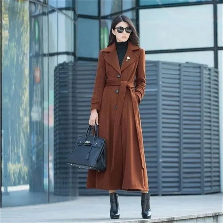 New Women's Spring Autumn Winter Woolen Coat Slim  Long Over The Knee Lining Woolen Windbreaker Outerwear Match Belt Female