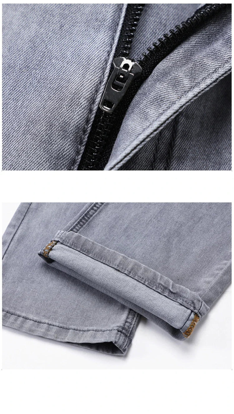 Summer Thin Men's Elastic Cotton Jeans Fashion Gray Comfortable Business Straight Casual Pants Brand Male Clothes Trousers PlatiNum