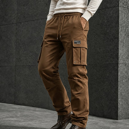 Men's Solid Cargo Pants Multi Pocket Drawstring Waist Straight Leg Casual Workwear Trousers Outdoor Streetwear Pants