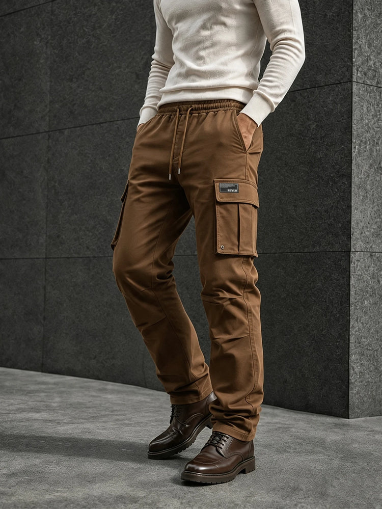 Men's Solid Cargo Pants Multi Pocket Drawstring Waist Straight Leg Casual Workwear Trousers Outdoor Streetwear Pants