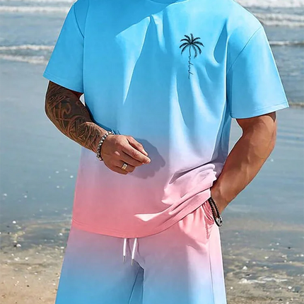 Men's Short Sleeve Gradient Print Shorts Set Fashion Hawaiian Men's Set Casual Summer Men's T-shirt Outdoor Beach Men's Shorts