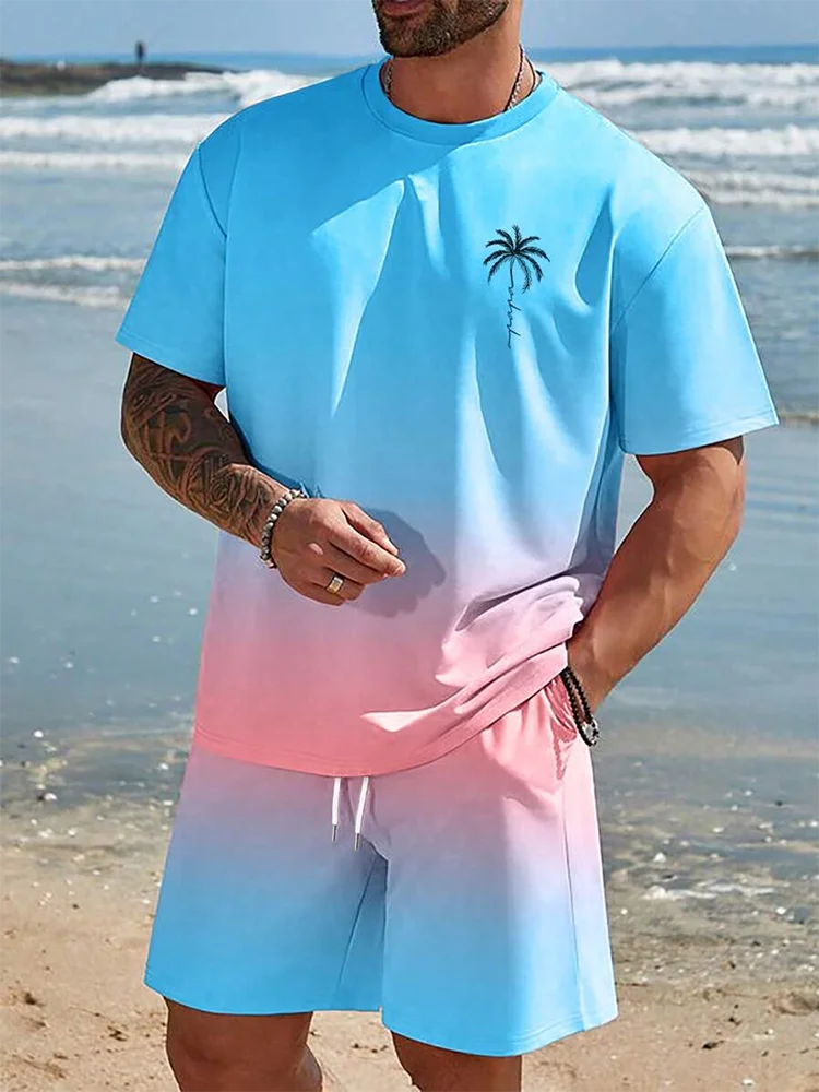 Pantaloncini a maniche corte da uomo con stampa sfumata Set Set di moda da uomo hawaiano T-shirt casual da uomo estiva Pantaloncini da uomo da spiaggia all'aperto
