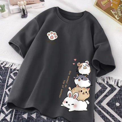 T-shirt a maniche corte da indossare ogni giorno con stampa dolce stile criceto giapponese carino T-shirt a mezza manica per studente adolescente casual allentato da donna