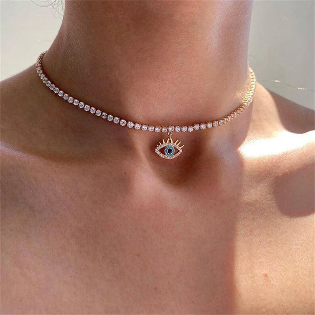 LXY-W Boho Fashion Gold-plate Simple Crystal Chain Eye Pendant Necklace For Women Vintage Female Choker Jewelry Gift Wholesale PlatiNum