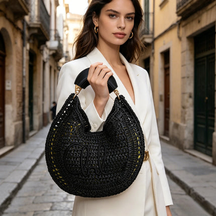 Raffia Straw Crossbody Bag with Leather Patchwork, Versatile Beach Bag for Women, Ideal for Holidays and Travel