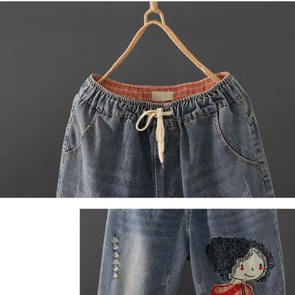 Primavera nuova corea moda Patch disegni cartone animato ricamo Jeans larghi da donna vita elastica pantaloni Casual in Denim di cotone Harem V987