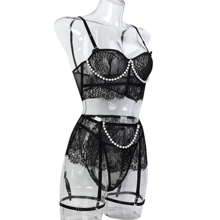 Sexy Erotic Womens Western Style Handmade Pearl 4 Piece Set Sensual See Through Lace Alluring Bowknot Attractive Breathable Set