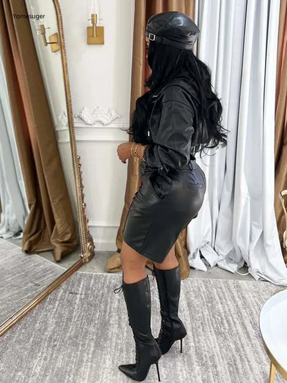 Yomesugar Autumn Sexy PU Leather 2 Piece Sets Women Hipster Zip Hooded Full Sleeve Crop Jacket and Shorts Matching Streetwear