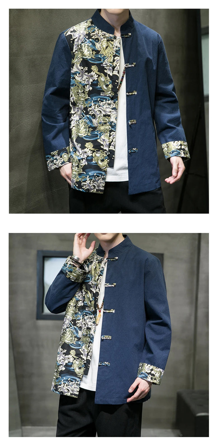Camicie da uomo ricamate 2026 primavera stile cinese retrò colletto alla coreana giacca in cotone e lino cardigan da uomo Kungfu allentato casual Top