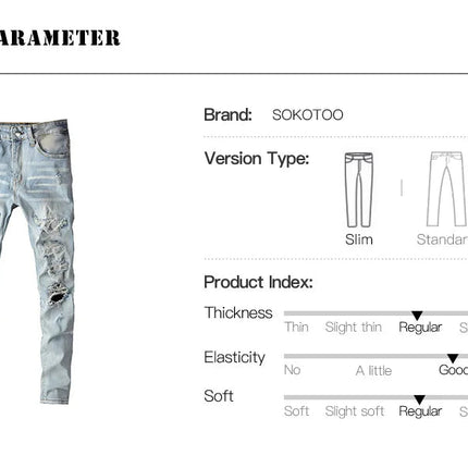 Men Crystal Holes Ripped Patchwork Jeans Streetwear Light Blue Denim Slim Skinny Pencil Pants Trousers PlatiNum