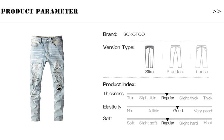 Men Crystal Holes Ripped Patchwork Jeans Streetwear Light Blue Denim Slim Skinny Pencil Pants Trousers PlatiNum