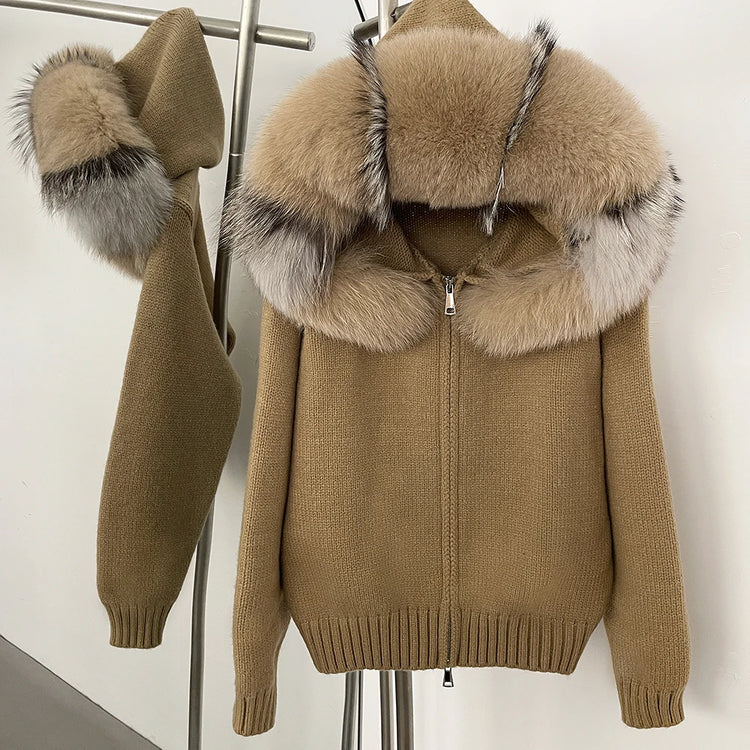 OFTBUY Real Fox Fur Kintwear Women New Spring Autumn Hooded Sweater Female Loose Zipper Kintted Jacket Oversized Cardigan