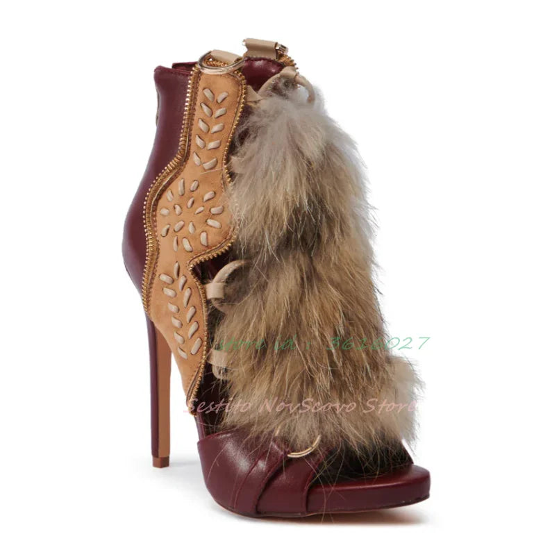 Open Toe Furry Sandals Boots Cutouts Lace Up Stiletto 12Cm High Heels Sewing Vintage Embodied Cover Heel Sexy Women Spring Shoes