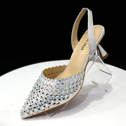 Venus Chan Pointed Toe Heels for Women 2023 Elegant Party Wine Color Full Diamond Pumps Italian Shoes and Bags Matching Set PlatiNum