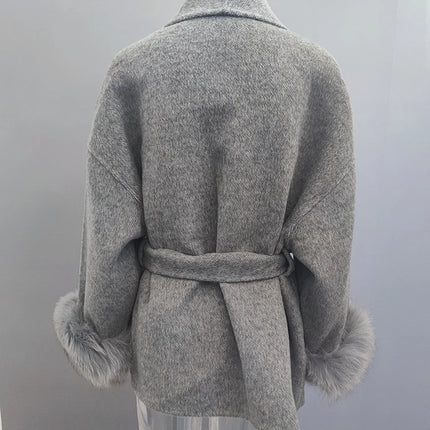 Elegant OL Office Lady Overcoats Fur Patchwork Long Sleeve Woolen Coat Beautiful Women's Clothing Jacket Autumn 2025 Spring