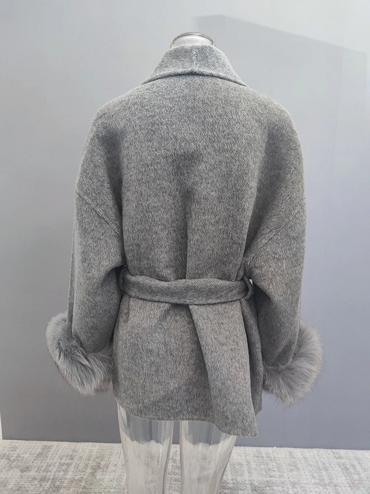 Elegant OL Office Lady Overcoats Fur Patchwork Long Sleeve Woolen Coat Beautiful Women's Clothing Jacket Autumn 2025 Spring