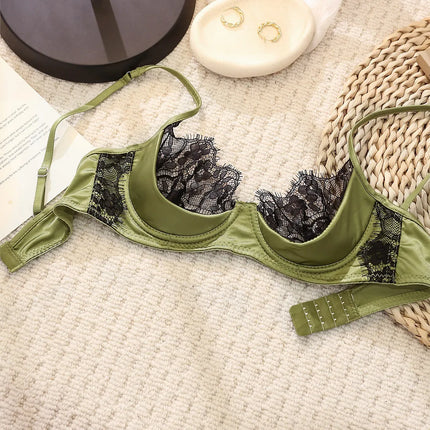 MOYISU No‑Wire French Lace Half‑Cup Bra Set Women Ultra‑Thin Transparent Green Lingerie, Daily Brassiere 32‑38 AB for Small Bust