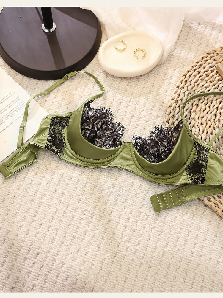 MOYISU No‑Wire French Lace Half‑Cup Bra Set Women Ultra‑Thin Transparent Green Lingerie, Daily Brassiere 32‑38 AB for Small Bust