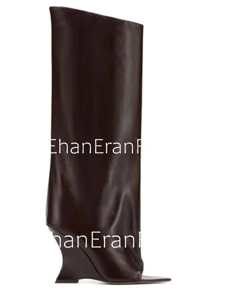 2025Ladies' Spring and Summer New Fish Mouth Slope High Heel Knee Boots, Fashionable Pointed Fashion Show Medium Cool Boots PlatiNum