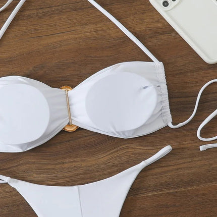 Costume da Bagno da Spiaggia alla Moda, Set Bikini a Perizoma per Donna, Sexy Costume da Bagno a Triangolo con Lacci, Due Pezzi, Stile Brasiliano, Tinta Unita platinumshop