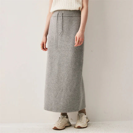 Chic Women's Long Skirt 100% Cashmere Straight Skirt Knit Autumn Winter Ankle-Length Skirt Warm Elegant Casual Rear Slit Dress PlatiNum