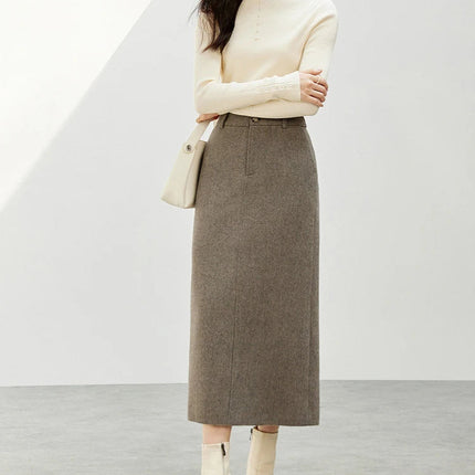 SENTUBILA Straight Wool Skirt Women 2025 Winter Vintage Elegant Tweed High-waist Slit-hem Temperament Long Skirts 144Q56942 PlatiNum