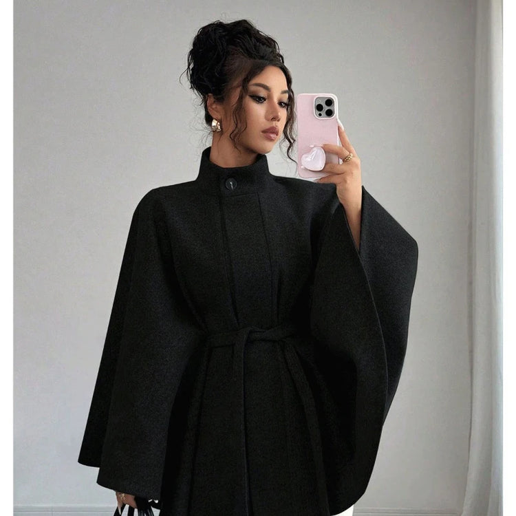 Women's Belted Wool Cape Coat High Neck Stand Collar Batwing Sleeve Loose Fit Winter Warm Poncho Outerwear 2026