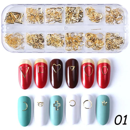 12 Grids Gold Nail Art Alloy Studs Seaside 3D Decorations Sea Shell Star Nail Charm Metal Frame Rivets Nail Sequin Accessories