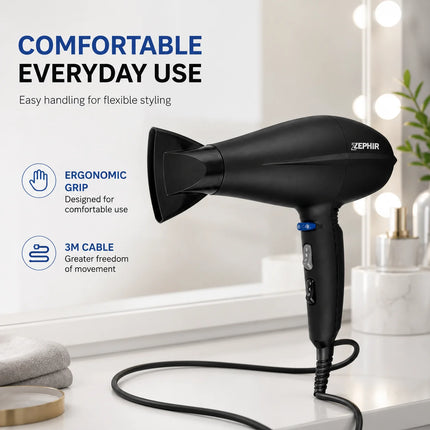 Zephir ZHB2002 Hair Dryer 2200W AC Motor Professional Blow Dryer with Diffuser & Styling Nozzle Black
