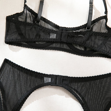 Krasapt Sexy Mesh See Through Lingerie 4 Piece Sets Woman Sheer Push Up Bras And Panties Garter Suits Erotic Intimate Outfits