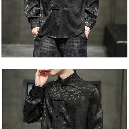 Giacca Tang di alta qualità da uomo camicetta con colletto alla coreana in argento elegante abbigliamento cinese rosso camicie Casual da uomo in raso di seta blu di grandi dimensioni