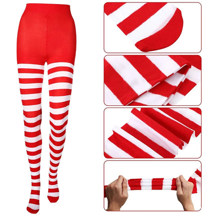 maveraCCüm | Christmas Stockings Red Green Striped Tights Stretchy Leggings Y2K Party Costume Knit Knee High Socks