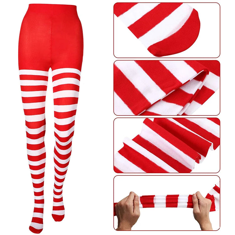 maveraCCüm | Calze natalizie Collant a righe rosso verde Leggings elasticizzati Costume da festa Y2K Calzini lunghi al ginocchio lavorati a maglia