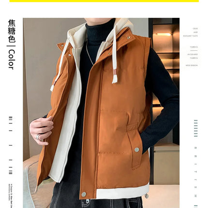 Men Windproof Hooded Vest Men Jacket Sleeveless Vest Winter Jacket Casual Coat Men Down Cotton Warm Thicken Waistcoat Thick Coat