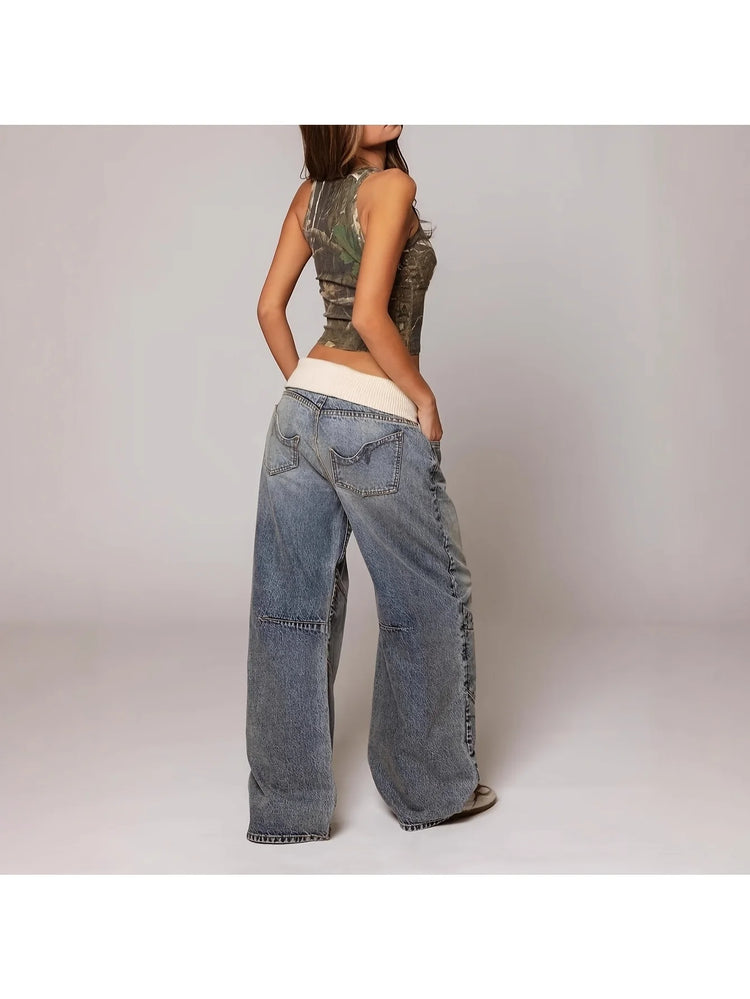 Jeans con Vita Pieghevole - Pantaloni in Denim Vintage Streetwear Blu Lavato a Gamba Larga per un Look Retrò Chic