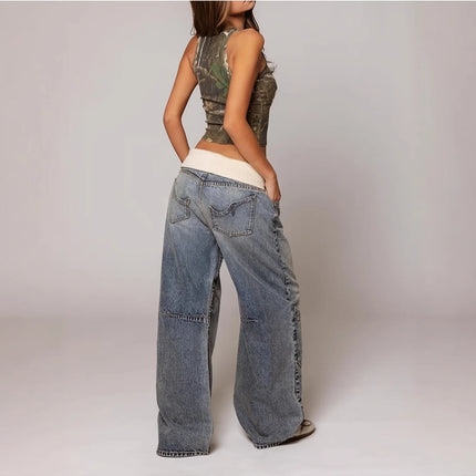 Jeans con Vita Pieghevole - Pantaloni in Denim Vintage Streetwear Blu Lavato a Gamba Larga per un Look Retrò Chic