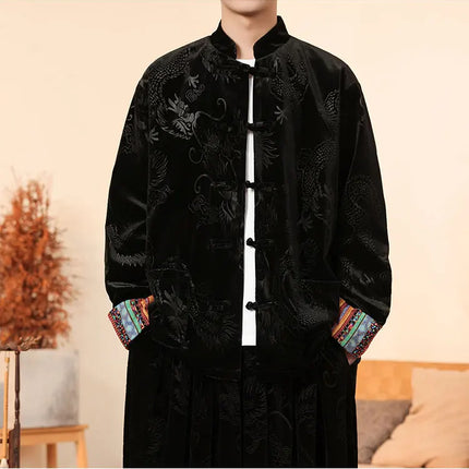 Giacca in velluto da uomo in stile cinese con stampa drago camicie da uomo tradizionale abito Tang Kung Fu Tai Chi camicie casual retrò abbigliamento da uomo