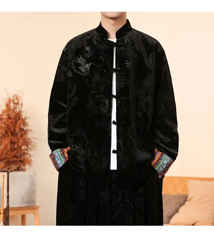 Giacca in velluto da uomo in stile cinese con stampa drago camicie da uomo tradizionale abito Tang Kung Fu Tai Chi camicie casual retrò abbigliamento da uomo
